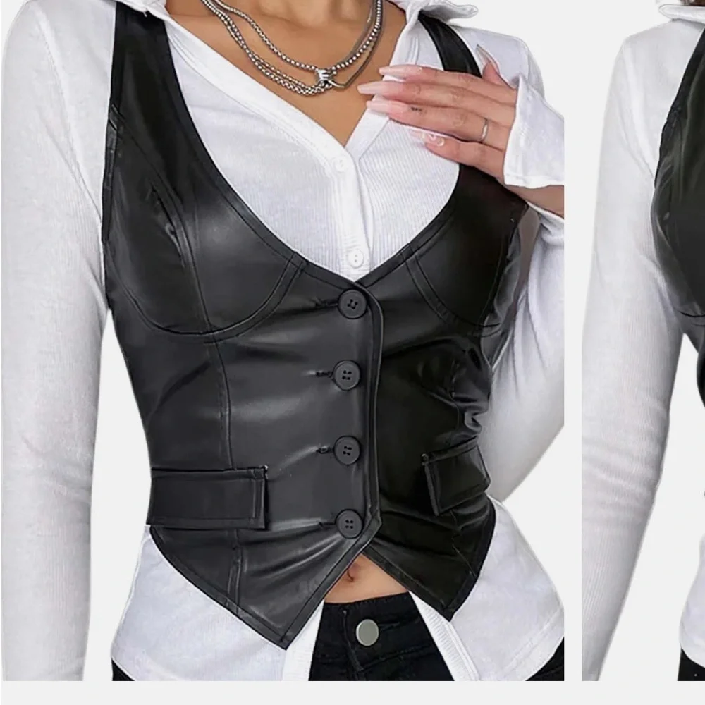 SEXY BODYCON BLACK PU LEATHER CROPPED VEST FAUX POCKETS SIZE LARGE - Picture 8 of 13